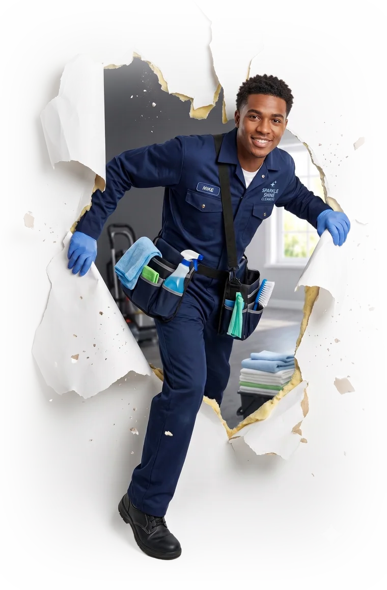 Niime professional cleaner bursting through the wall