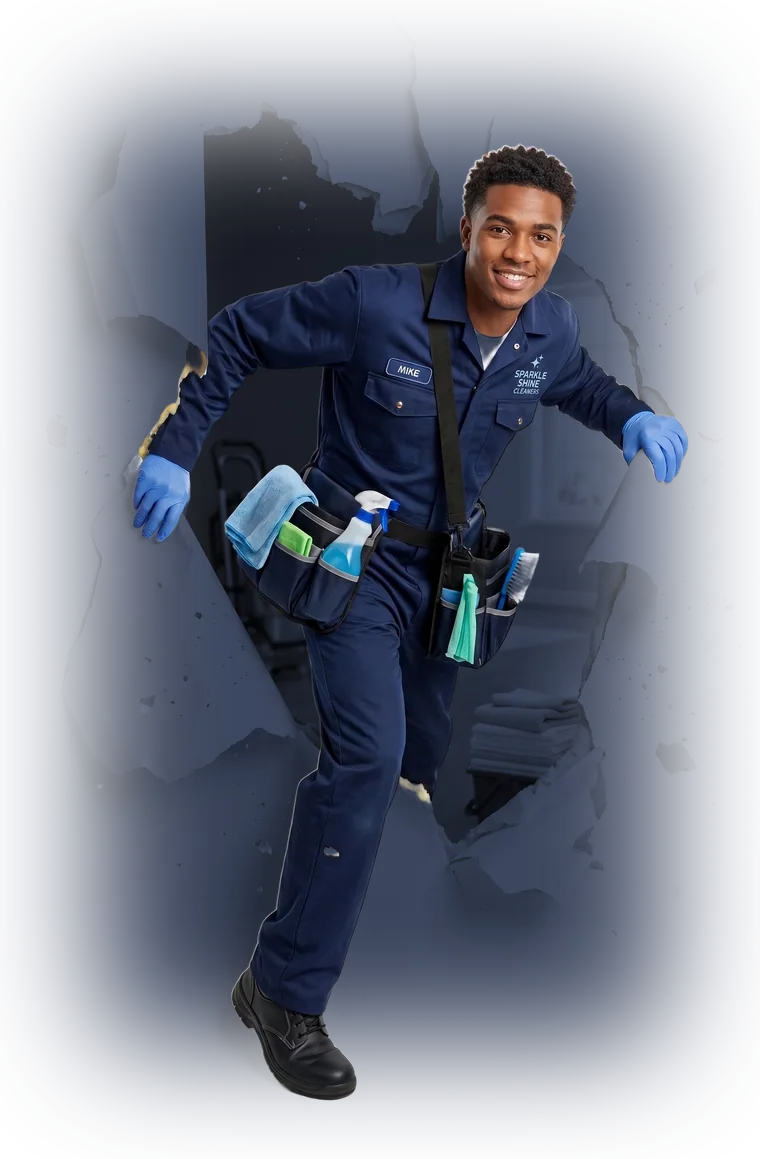 Niime professional cleaner bursting through the wall